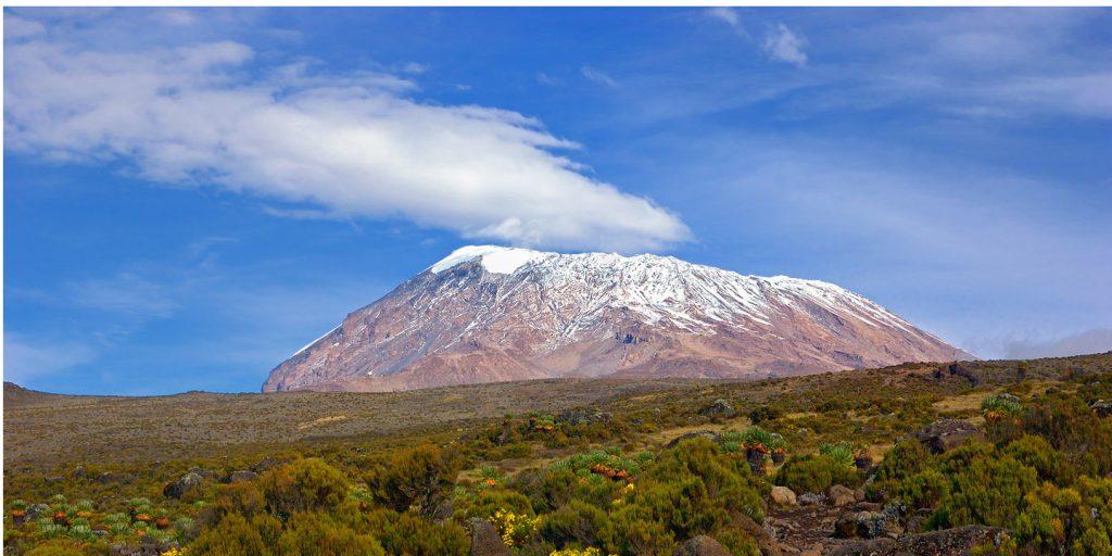 Snow-capped mountain rising above open moorland with low green shrubs and rocky terrain beneath a bright blue sky streaked with white clouds.